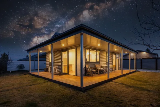 Rear King Studio illuminated beneath the night sky